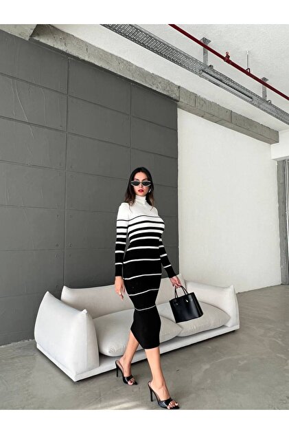 Midi Length Contrast Stripe Pattern Knitwear Dress