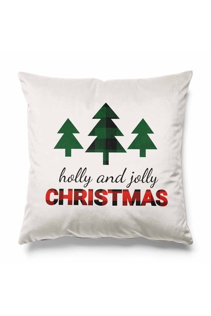 Green Holly Jolly Patterned on Ecru Background Double Sided Printed Throw Pillow Cover for New Year's Eve