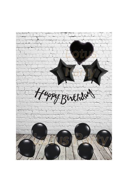 Black Color Birthday Party Set - Black Heart and Star - Black Happy Birthday Text - Black Balloon