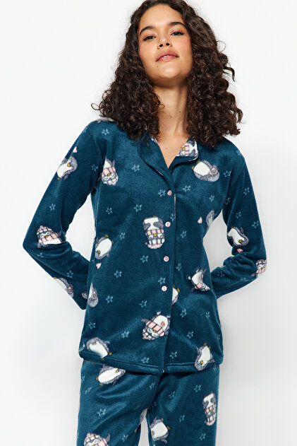 Petrol Penguin Patterned Fleece Winter Knitted Pajamas Set Thmaw22Pt0356