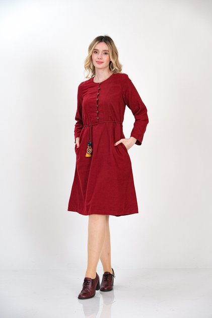 Plain Flannel Buttoned Front Burgundy Winter Dress