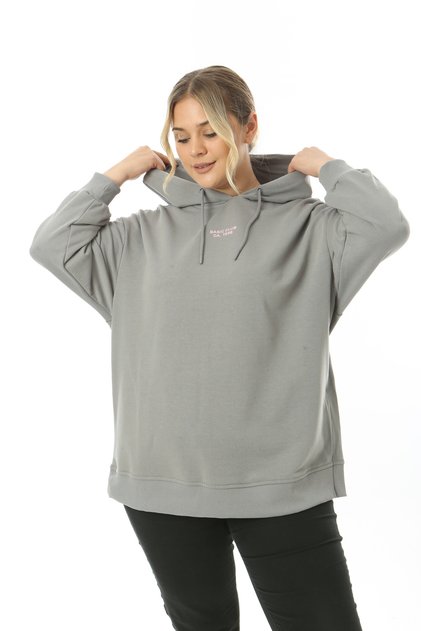3 İplik Şardonsuz Yırtmajı Fermuarlı Kapüşonlu Slogan Baskılı Sweatshirt Gri