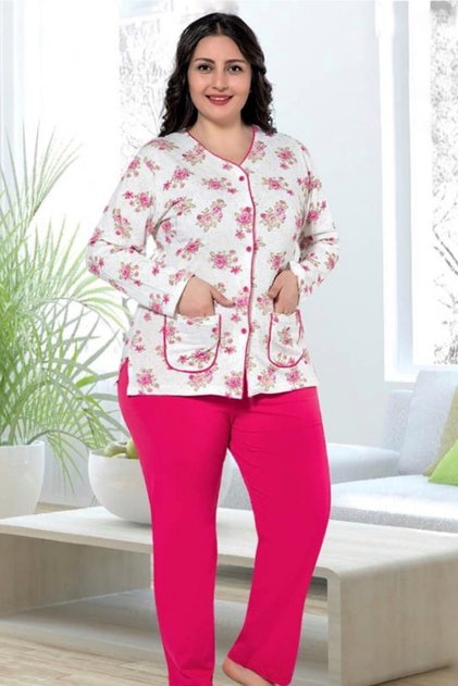 Women's Fuchsia Buttoned Cotton Plus Size Pajama Set