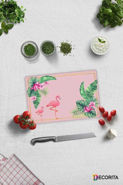 Tropical Leaves & Flamingo | Glass Cutting Board - Glass Cutting Table | 20cm X 30cm