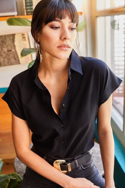 Women's Black Bat Linen Shirt GML-19000831