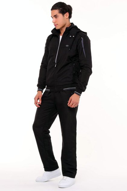 Black Men's Half Turtleneck Removable Hooded Micropoly Tracksuit EDY2593S