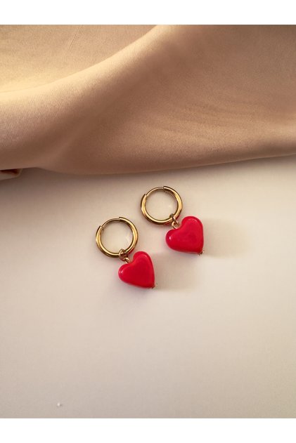 Steel Hoop Glass Murano Red Heart Earrings