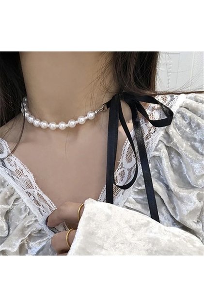 Glass Pearl Black Ribbon Choker Necklace