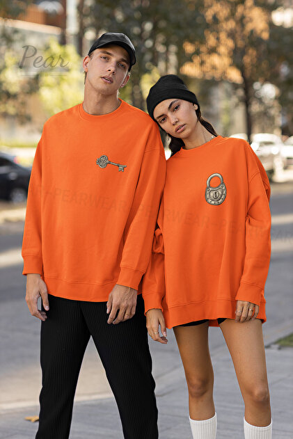 Key Lock Printed Unisex 3 Thread Raised Lover Set Oversize 2-Piece Sweatshirt