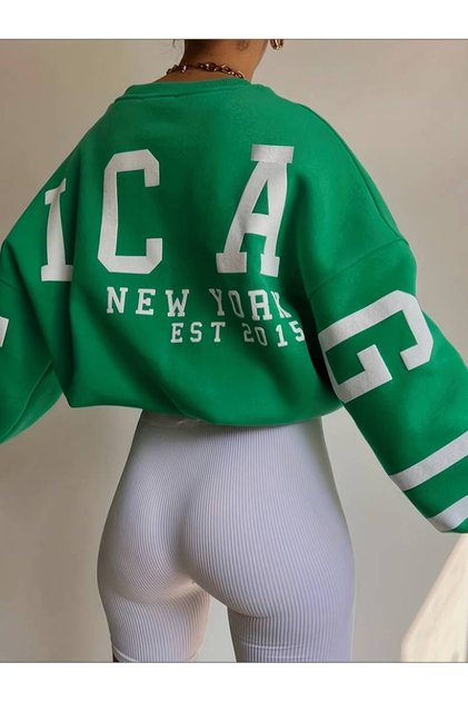 Unisex Plus Size Chicago Printed Crew Neck Oversize Sweatshirt Hoodie