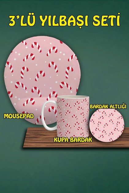 Yılbaşı Temalı 3'lü Bilek Destekli Mousepad Kupa Ve Bardak Altlığı Seti