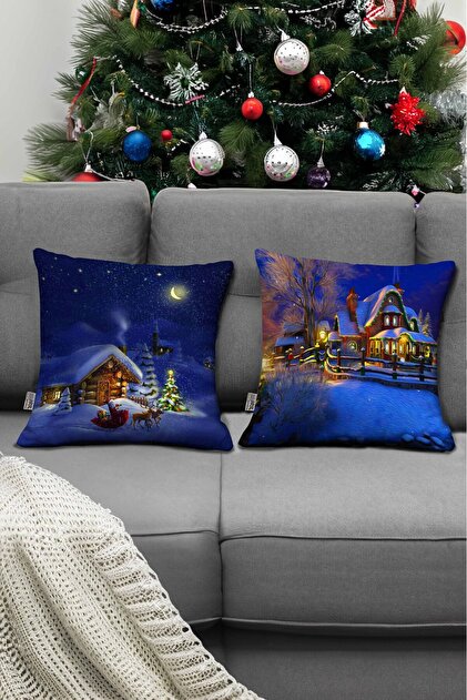 New Year's Themed Home Patterned Blue Color Digital Printed Decorative Ornament 2-Piece Throw Pillow Pillow Case Set