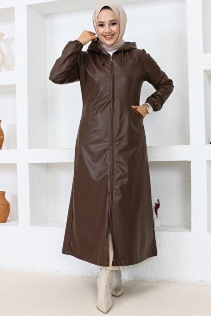 benguen 1250 Model Long Brown Leather Hijab Trench Coat Hooded