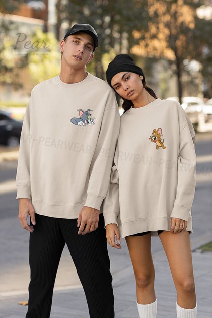 Tom & Jerry Printed Unisex 3 Thread Raised Lover Set Oversize 2-Piece Sweatshirt