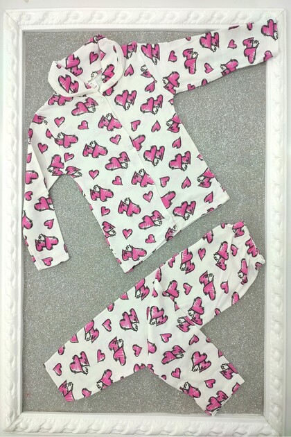 Supermini Pink Color Baby Girl Front Snap Heart Patterned 2-Piece Pajamas Set