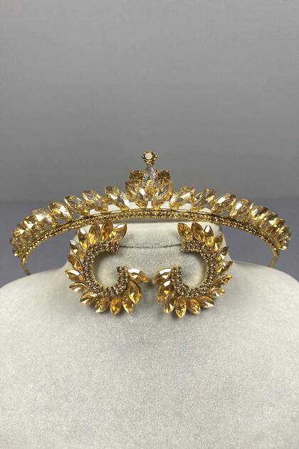 Honey Color Thin Ilayda Model Bridal Crown and Shuttle Stone Earring Set – Crown, Crystal Stone, Stylish Model –