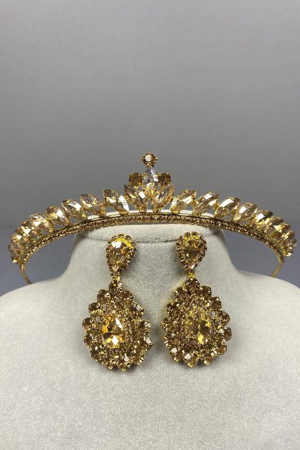 Honey Color Thin Ilayda Model Bridal Tiara and Round Stone Earring Set – Crown, Crystal Stone, Stylish Fashion