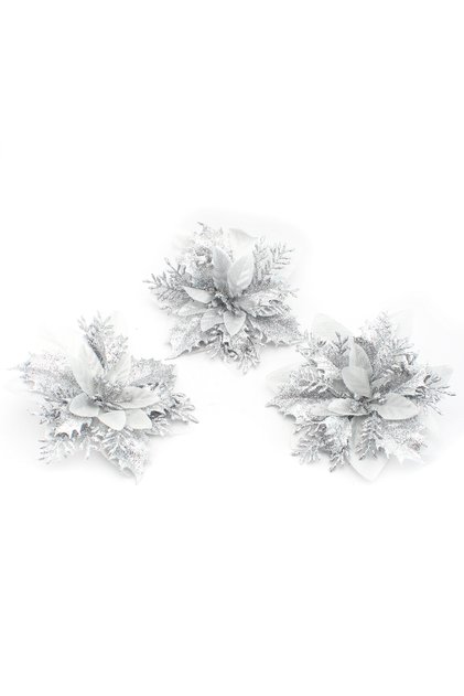 14cm 3 Shiny Looking Silver Colored Christmas Flowers Covered with Glitter