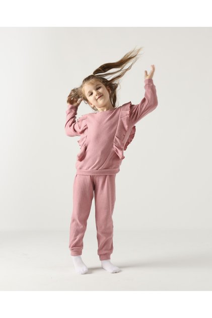 winter thick cotton ruffle detailed girl's bottom top suit
