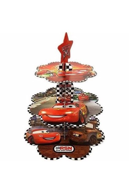 Arabalar Temalı Kek Standı Cars Karakterli Karton Cup Cake Standı 3 Katlı Piramit Kurabiye Kulesi
