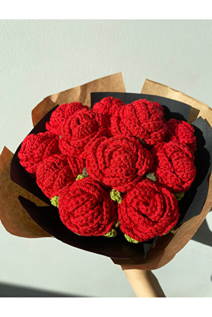Çiçek Handmade Ölümsüz Kırmızı Gül Buketi - Gül Örgü Çiçek Buketi