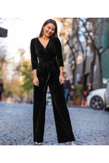 Kadife tulum elbise, bol paça kurvaze tulum, velvet overalls dress