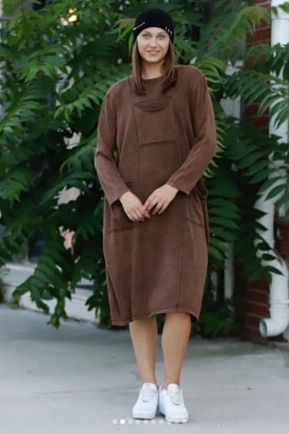 Women's Brown Pocket Detailed Long Sleeve Vintage Loose Cotton Knitwear Dress