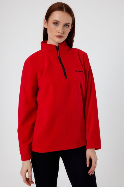 Fleece de damă, culoare roșie, cu jumătate de fermoar, guler bato