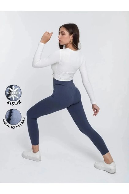 Women's High Waist Indigo Fleece Inside Ribbed Winter Leggings