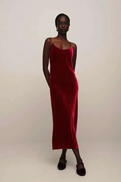 World Fashion Trends Long Stretchy Velvet Dress with Chain Strap- Trendyol