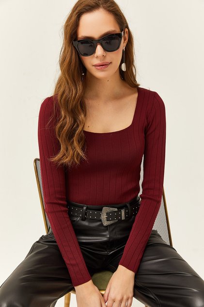 Women's Claret Red Square Collar Thick Ribbed Knitwear Blouse BLZ-19002040