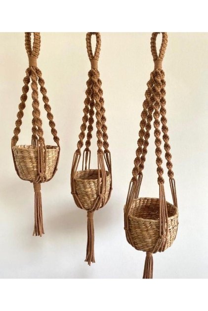 3'lü Set Taba Makrome Askı Saksılık, Çiçeklik