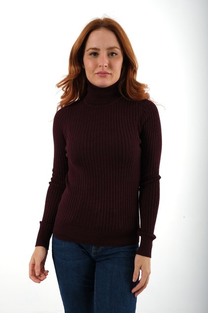 Burgundy Corded Women's Turtleneck Wool Knitwear Sweater
