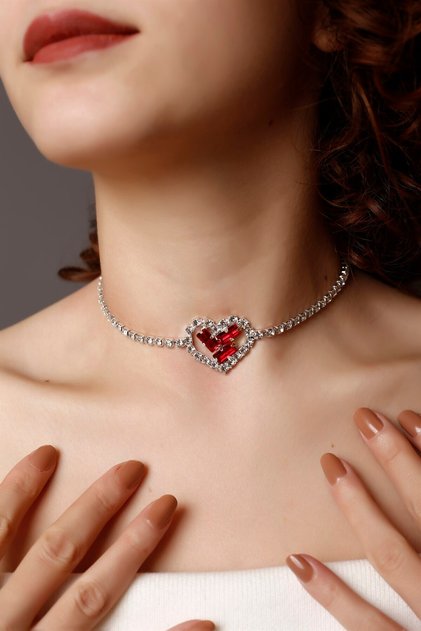 Red Stone Heart Choker Necklace, Stylish Stone Choker, Waterway Choker Necklace, Choker, Neck Collar G