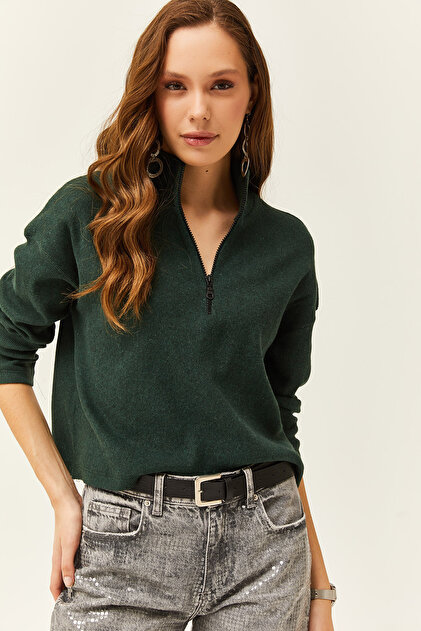 Olalook Kadın Zümrüt Yeşili Fermuarlı Dik Yaka Şardonlu Kazak KZK