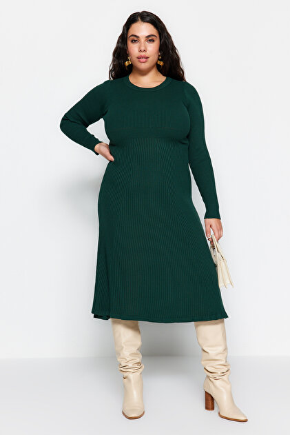 Trendyol Curve Corded Crew Neck Emerald Green Midi Knitwear Dress -  TBBAW24AH00021- Trendyol