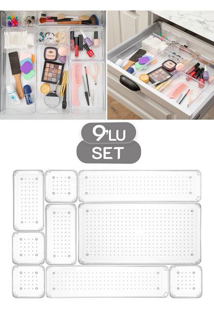9 Pieces Transparent Design Modular Storage Container - Drawer Organizer, Bathroom Makeup Jewelry Organizer