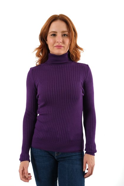 Purple Corded Women's Turtleneck Wool Knitwear Sweater