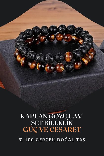 Certified Tiger's Eye, Lava Natural Stone Bracelet Set 8 mm