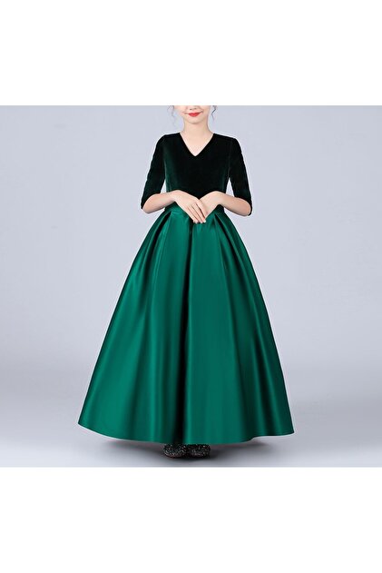 NSMLFE Girl's Emerald Green Velvet Top Satin Bottom skirt Half Sleeve  Graduation Birthday Christmas Dress- Trendyol