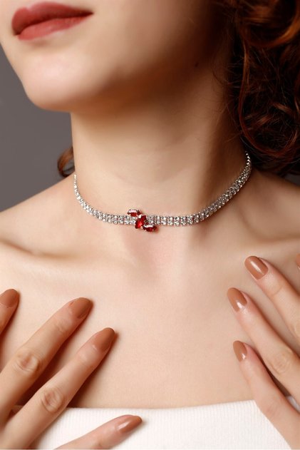 Glam Red Zircon Stone Choker Necklace, Stylish Stone Choker, Waterway Choker Necklace, Choker, Neck