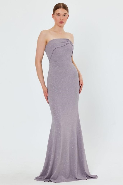 Flexible Sparkly Fabric Chest Filled Fish Cut Strapless Maxi Length Gray Evening Dress 9310