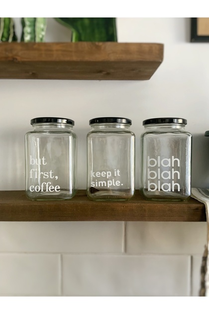 Glass 3-Piece Decorative Erzak Coffee Tea Sugar Jar 1000 Cc Coffee Labeled Jar Set