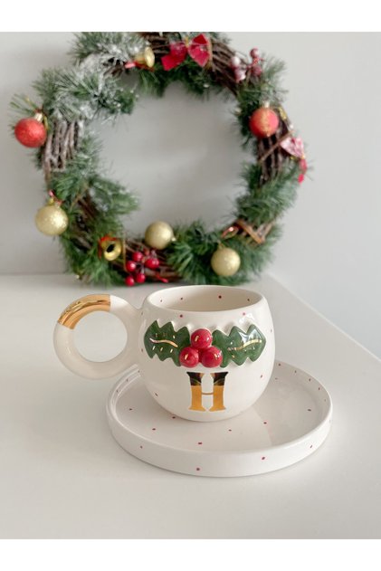 24 K Gold Gilded Coquina Double Turkish Coffee Cup - Letter H -
