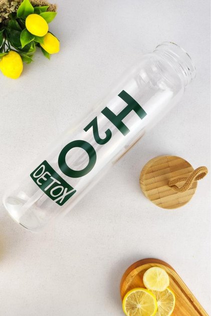 1 L H2O Detox Bamboo Glass Flask with Lid 1000 ml - H2O75994 C1-1-18 Orange Glass