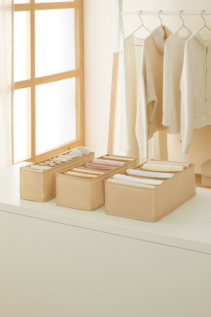 Set of 3 Beige Cabinet Drawer Inside Accordion Type Folding Laundry Organizer