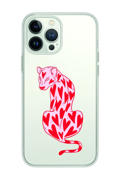 iPhone 15 Pro Max Compatible Cheetah and Heart Patterned Transparent Phone Case