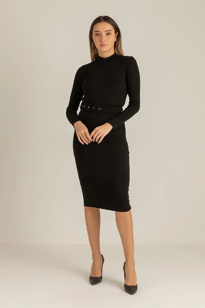 Women's Design Acrylic Fabric Long Sleeve Belted Midi Length Dress 002