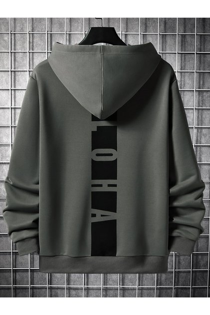 Antrasit Sırt Aloha Baskılı Oversize Kapüşonlu Erkek Sweatshirt
