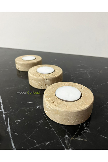 Doğal Traverten Mumluk, Mermer Mumluk, Mermer Tealight Mumluk 3 Adet, Yuvarlak Mermer Mumluk